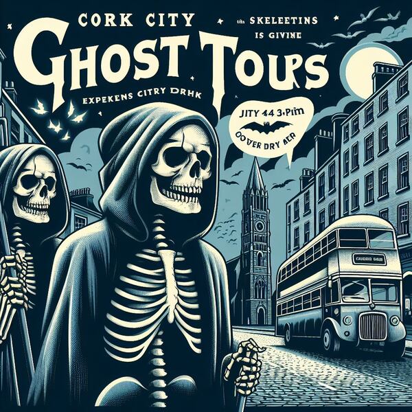 poster with 2 skeletons leading a ghost tour of Cork