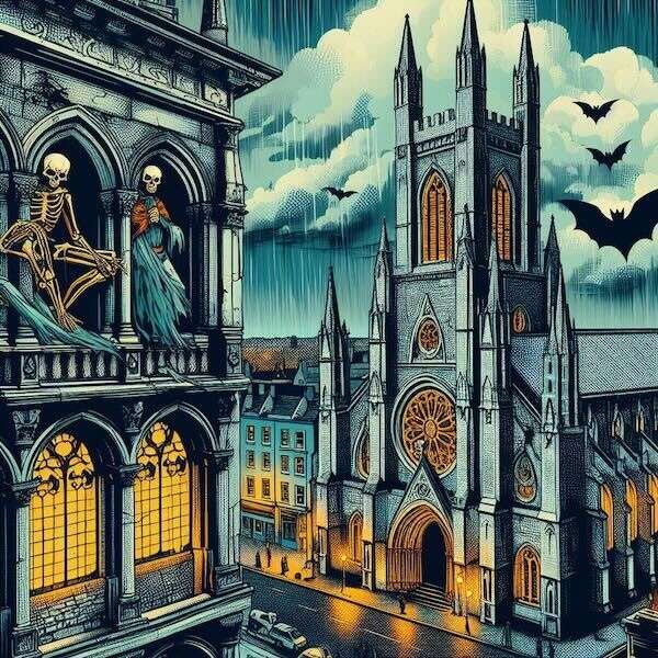 Picture of skeletons watching over a Cathedral